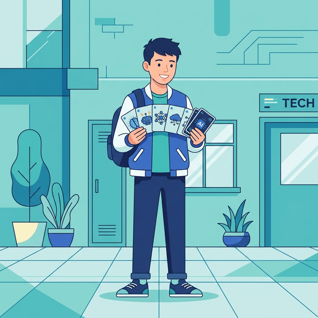 Lukiolainen pitelee tekoälyaiheisia kortteja