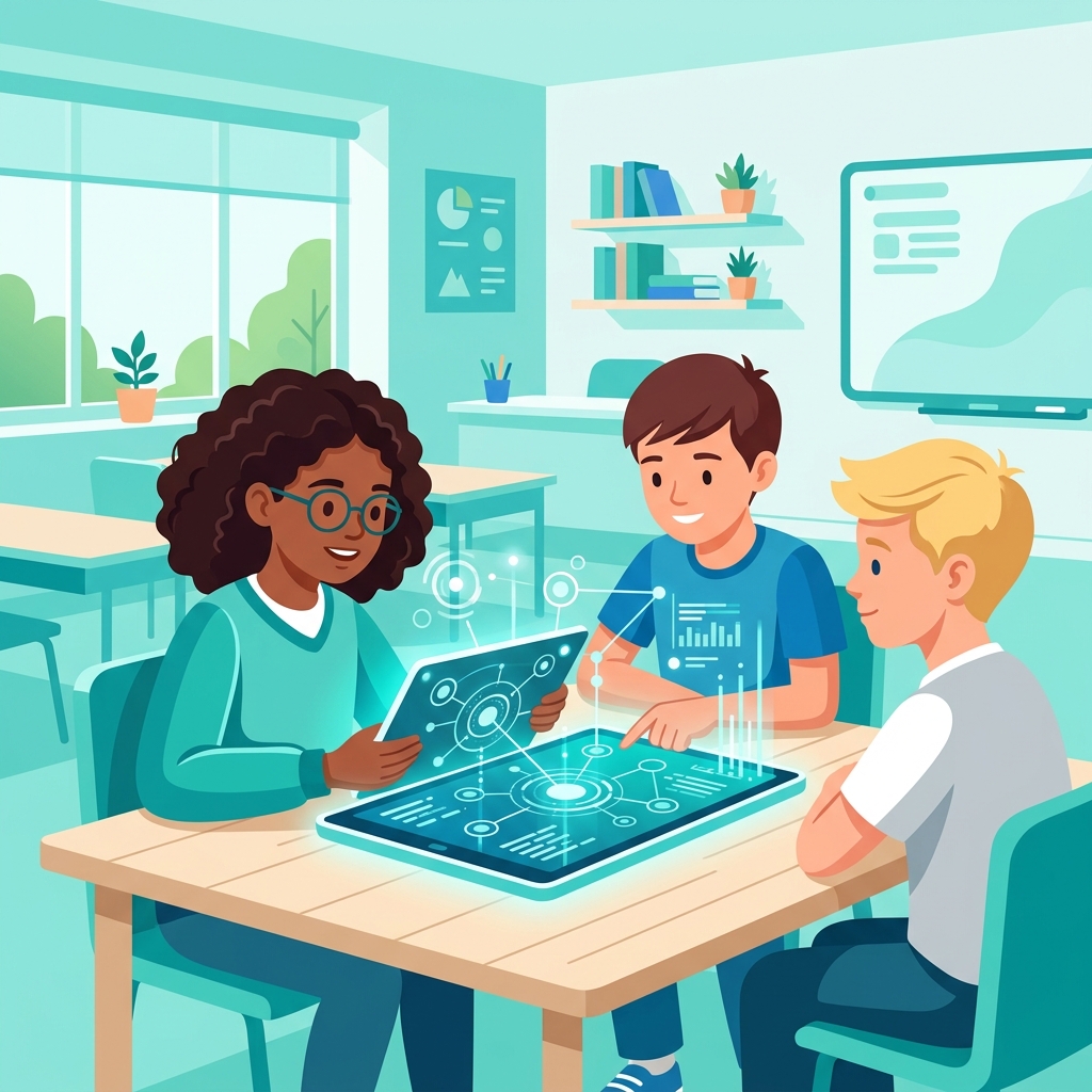 Koululaiset käyttämässä tablettia luokassa
