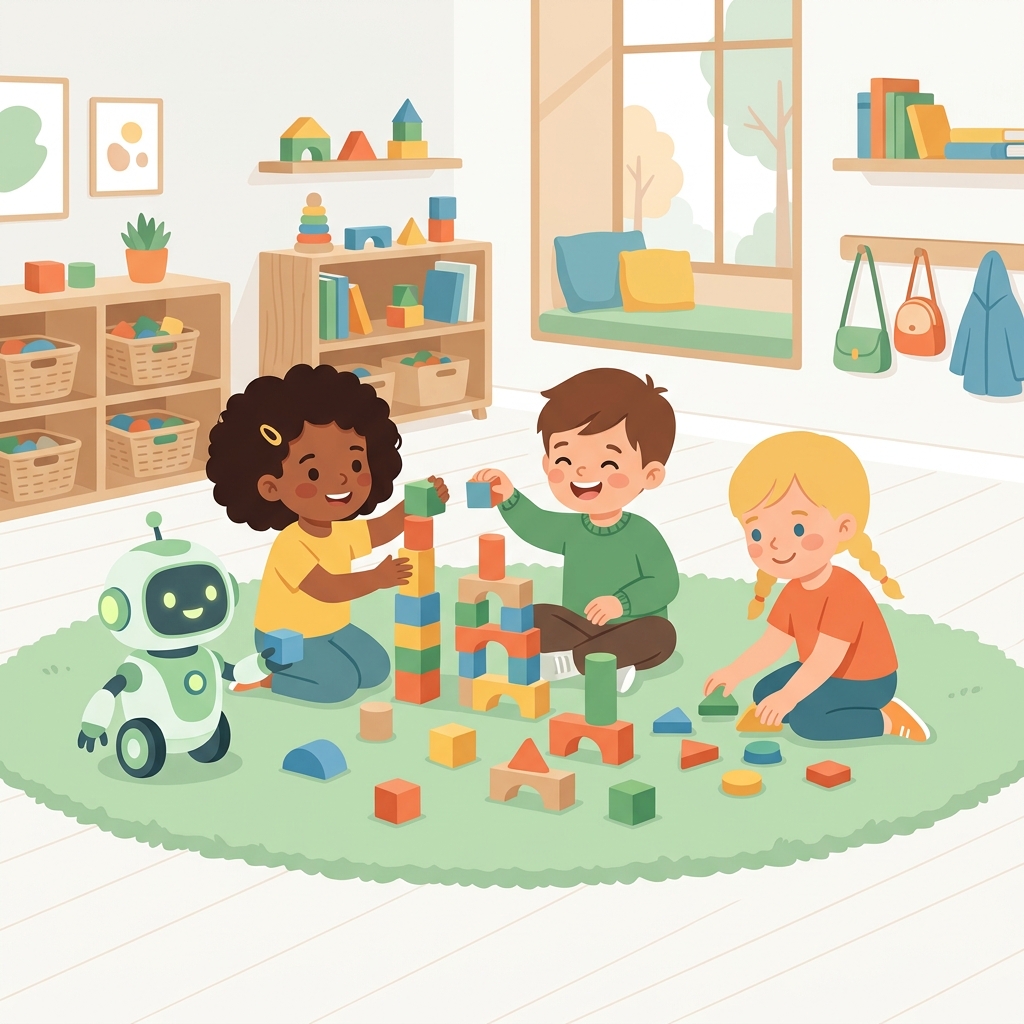 Lapset leikkimässä robotin kanssa